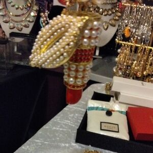 Gold and Red Pearl-Embellished Lipstick Purse Charm